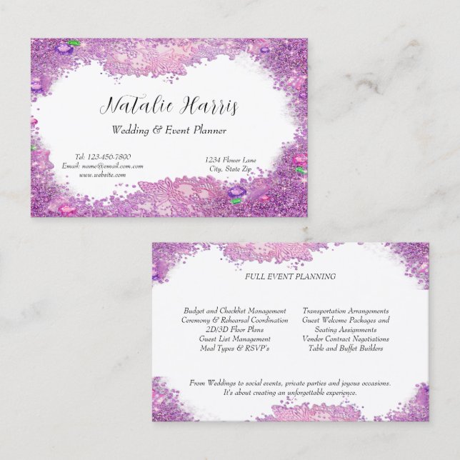 Wedding Planner Pink Lace Sparkling Gems Business Card (Front/Back)