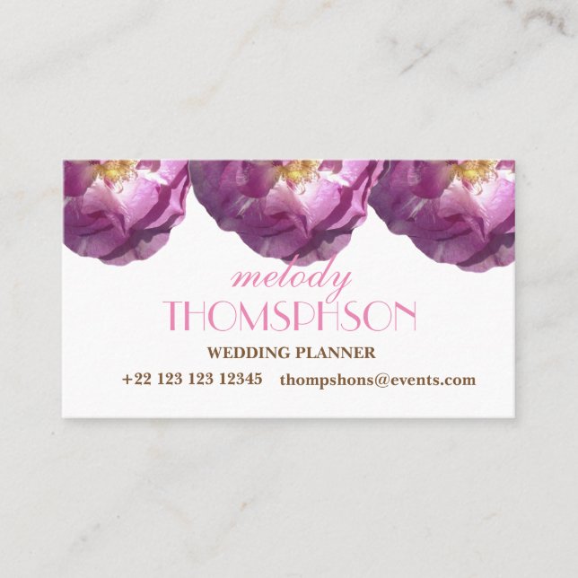 Wedding Planner, Pink Rose Elegant Business Cards (Front)
