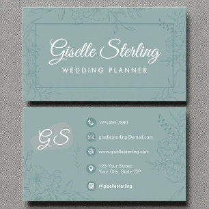Wedding Planner Teal Floral Line Art Script Business Card