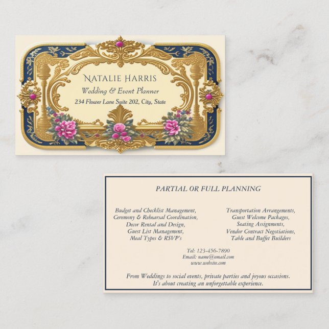 Wedding Planner Victorian Pink Roses Gold Business Card (Front/Back)