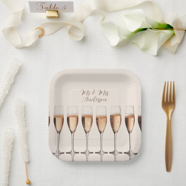 Wedding Plates Row of Pink Champagne Glasses (Wedding)