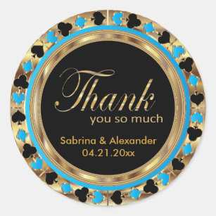 Wedding Poker Chip in Blue & Gold   Thank You Classic Round Sticker