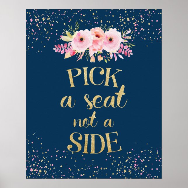 Wedding Poster Pick a Seat not a Side Navy Gold (Front)