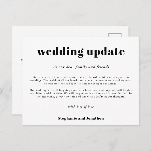 Wedding Postpone  Update Typographical Black White Announcement Postcard (Front/Back)