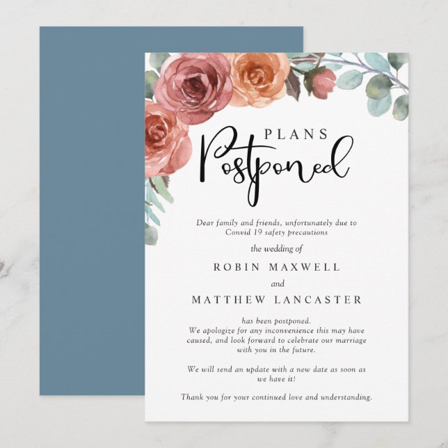 Wedding Postponed- Cancellation - Change of Plans Invitation (Front/Back)