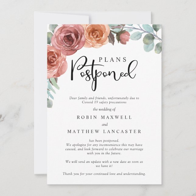 Wedding Postponed- Cancellation - Change of Plans Invitation (Front)