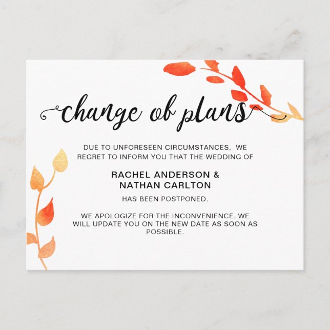 Wedding Postponed Cancelled Fall Autumn Change Announcement Postcard (Front)