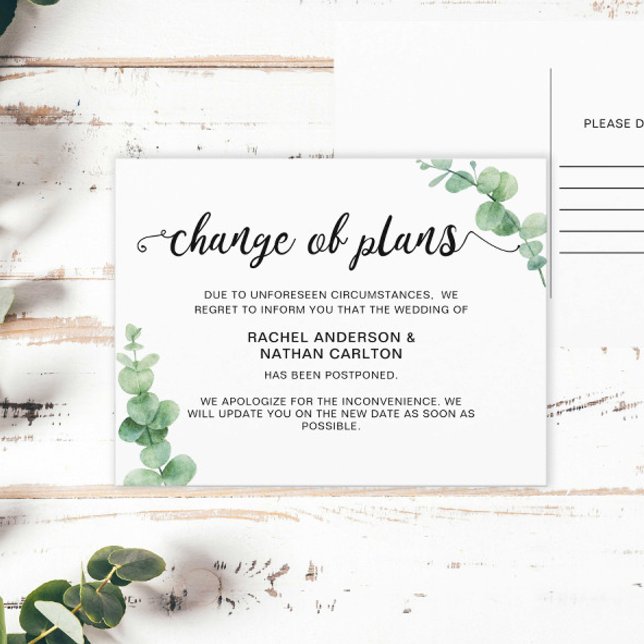 Wedding Postponed Eucalyptus Cancellation Simple Announcement Postcard (Creator Uploaded)