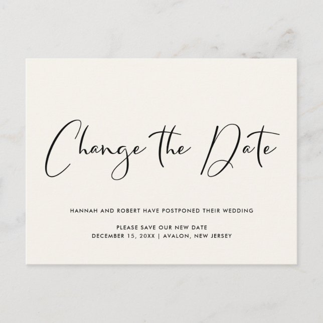 Wedding Postponement Change the Date Light Cream Announcement Postcard (Front)