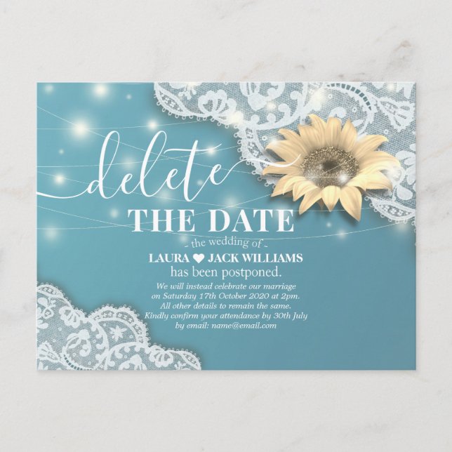Wedding Postponement Delete The Date Sunflowers Announcement Postcard (Front)
