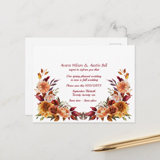 Wedding Postponement Fall Colours Announcement Postcard (Front/Back In Situ)