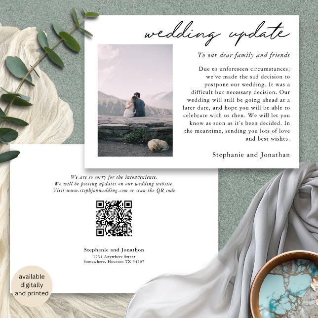 Wedding Postponement Photo Update Modern Script Announcement (Front and back view)