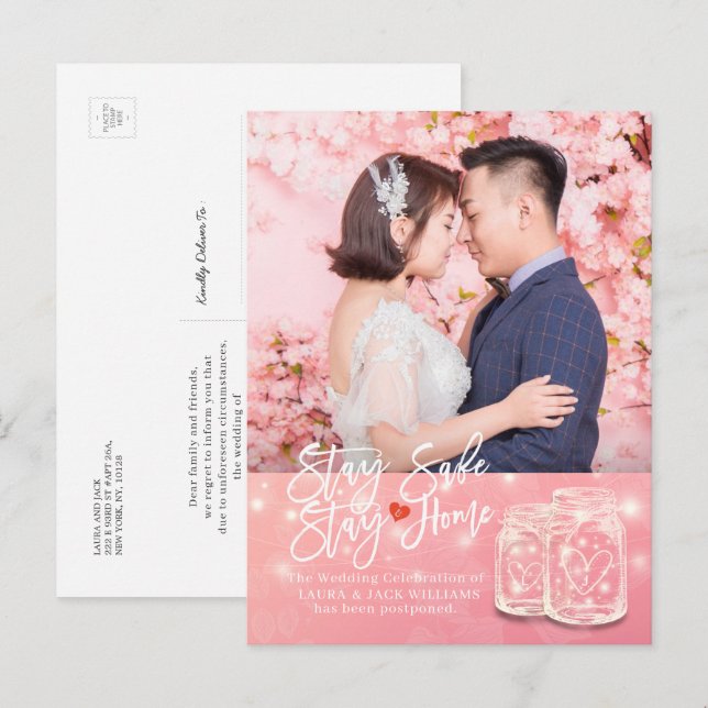 Wedding Postponement Stay Home and Stay Safe Photo Announcement Postcard (Front/Back)