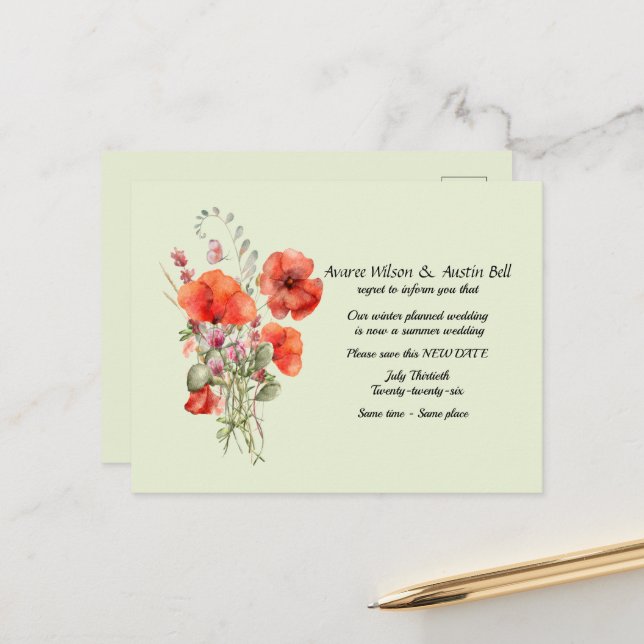 Wedding Postponement Summer Colours Announcement Postcard (Front/Back In Situ)