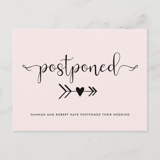 Wedding Postponement With Heart Light Pink Modern Announcement Postcard (Front)