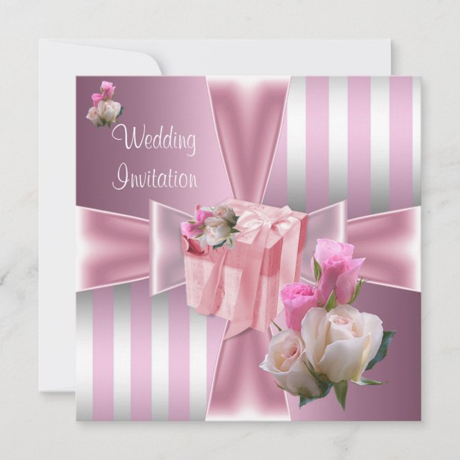 Wedding Pretty Satin Pink Silver Stripe Bow Invitation (Front)