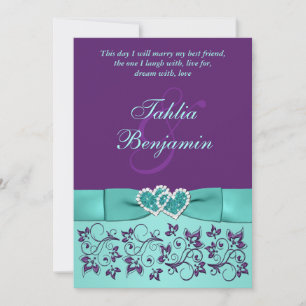 Wedding PRINTED BOW Aqua, Purple Floral Invitation