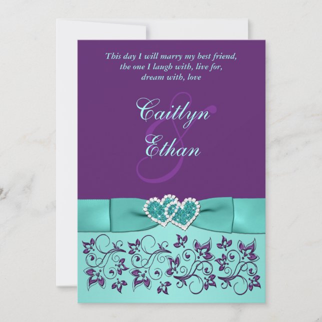 Wedding | PRINTED BOW Aqua, Purple | Floral Invitation (Front)