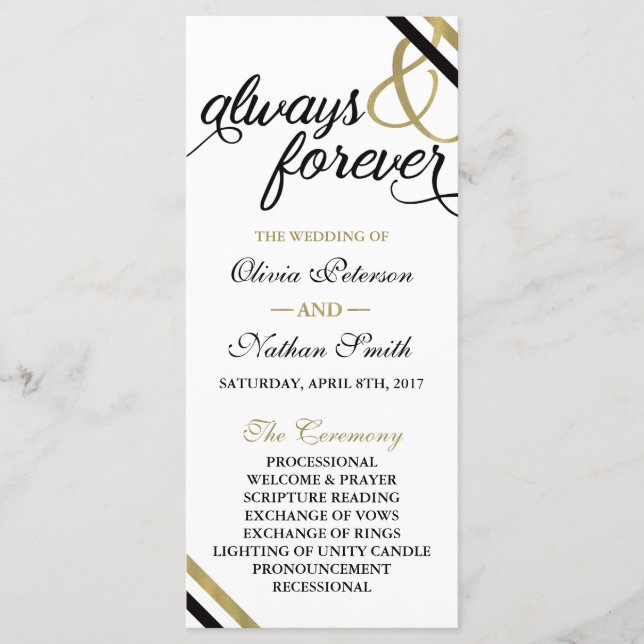Wedding Program, Always & Forever, Faux Gold Programme (Front)