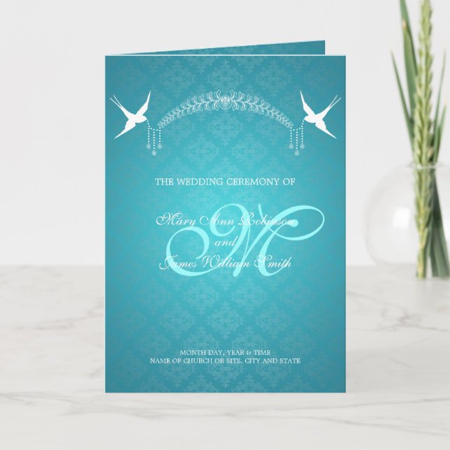 Wedding Program Birds Monogram Turquoise Programme (Front)
