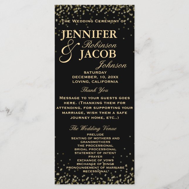 Wedding Program | Black and Gold Confetti Programme (Front)