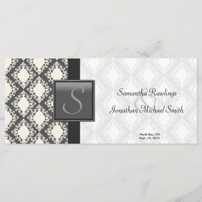 Wedding Program - Black and White Damask Monogram Programme (Front)