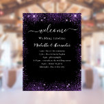 Wedding program black purple welcome poster<br><div class="desc">A black background,  decorated with purple faux glitter sparkles.  Personalise and add your names and the wedding program.</div>