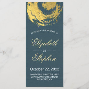 Wedding Program Blue Gold Foil Circle Brush stroke Programme