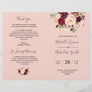 Wedding Program Burgundy Blush Watercolor Floral