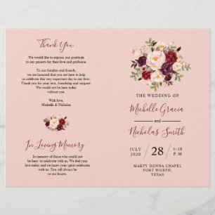 Wedding Program Burgundy Blush Watercolor Floral