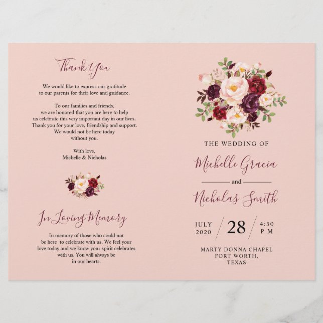 Wedding Program Burgundy Blush Watercolor Floral (Front)