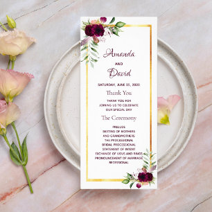 Wedding program burgundy florals white gold boho rack card