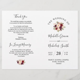 Wedding Program Burgundy Watercolor Floral, FOLD