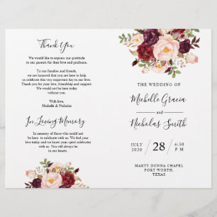 Wedding Program Burgundy Watercolor Floral, FOLD