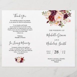 Wedding Program Burgundy Watercolor Floral, FOLD