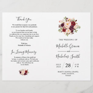 Wedding Program Burgundy Watercolor Floral, FOLD