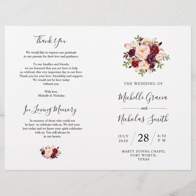 Wedding Program Burgundy Watercolor Floral, FOLD (Front)
