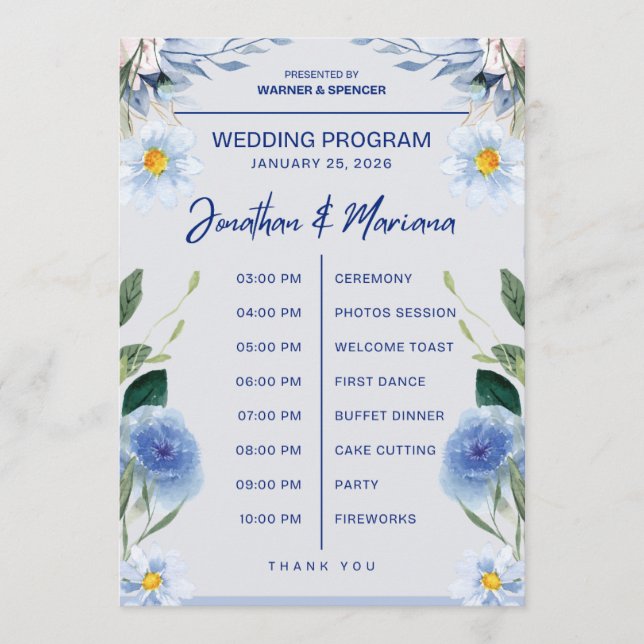 Wedding Program Card – Blue Floral Timeline Design (Front)