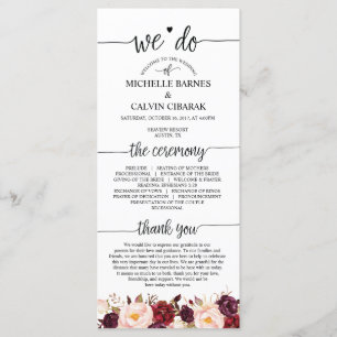Wedding program card in rustic calligraphy design
