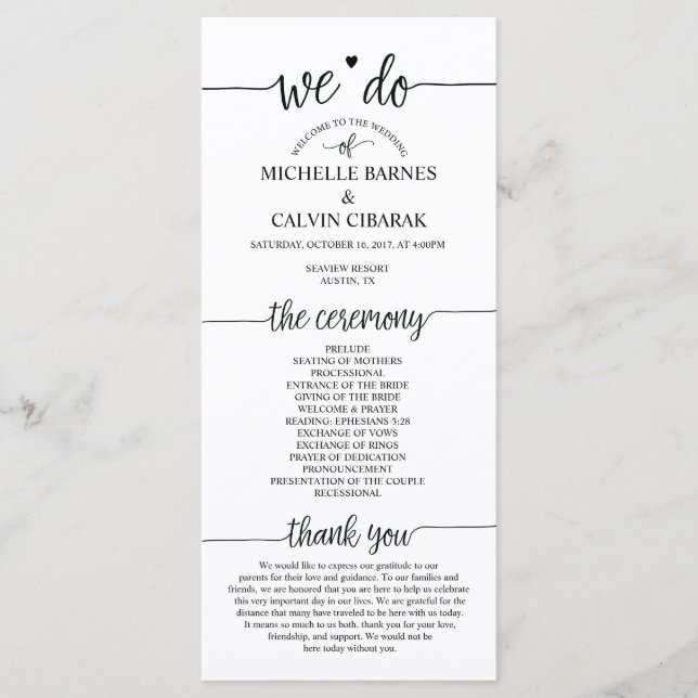 Wedding program card in rustic calligraphy design (Front)