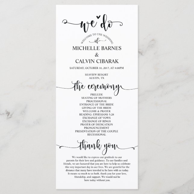 Wedding program card in rustic calligraphy theme (Front)