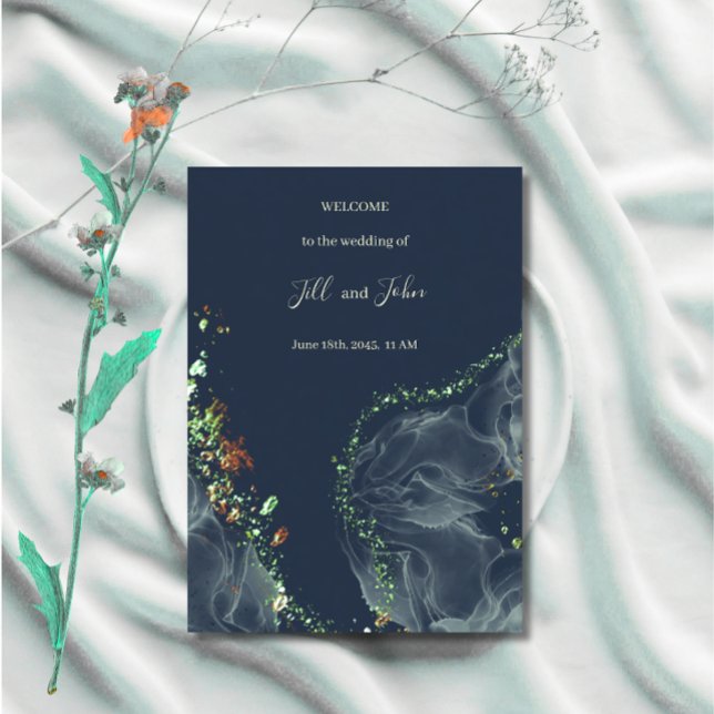 Wedding Program Card Navy Blue Gold Alcohol Ink  (Creator Uploaded)