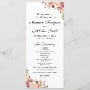 Wedding Program Cards with Rustic Pink Flowers