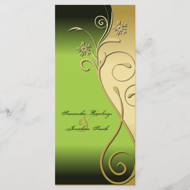 Wedding Program - Classy Green & Gold Floral Swirl Programme (Front)