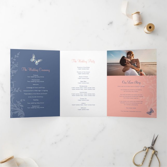Wedding program coral and dark blue butterflies Tri-Fold programme (Inside)