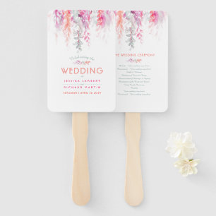 Wedding program coral pink sage green vine flowers hand fan