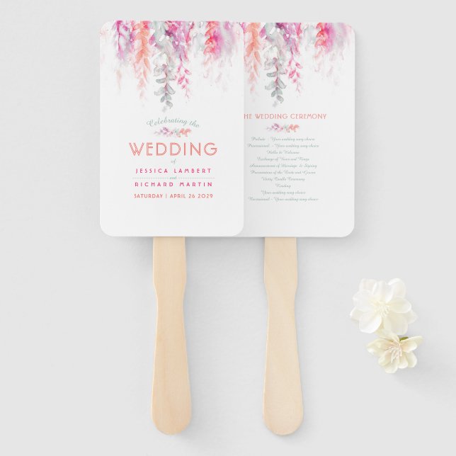 Wedding program coral pink sage green vine flowers hand fan (Front and Back)