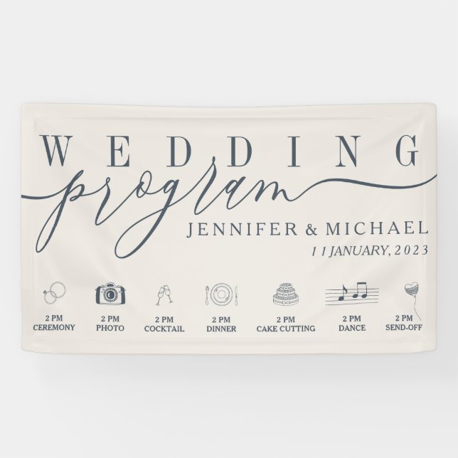 Wedding Program Custom Icons Timeline beige navy Banner (Horizontal)