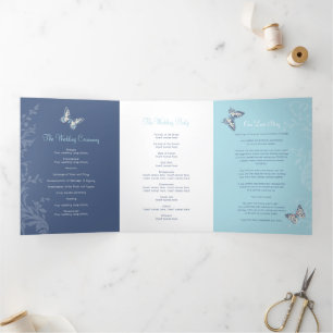 Wedding program dark blue butterflies love story Tri-Fold programme
