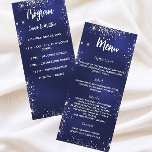 Wedding program dinner menu navy blue silver